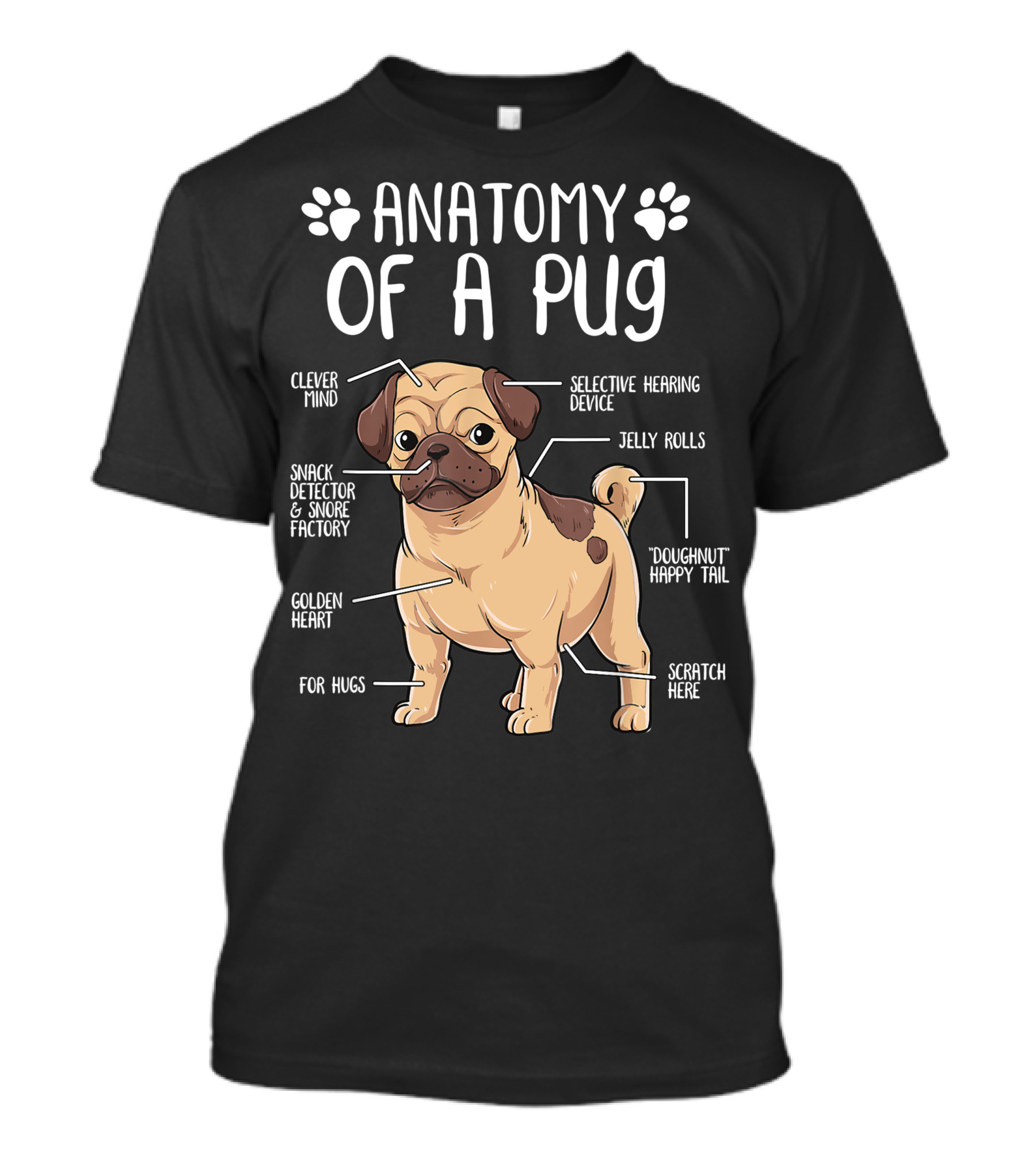 Anatomy Of A Pug Clever Mind Selective Hearing Device Jelly Rolls Snack Detector And Snore Factory Doughnut Happy Tail Golden Heart Scratch Here For Hugs T-Shirt
