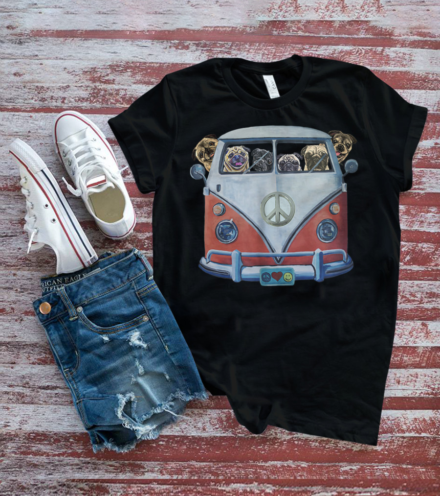 Pug Faces In Iconic Hippie Van With Peace Symbol And Love Smile Elements T-Shirt