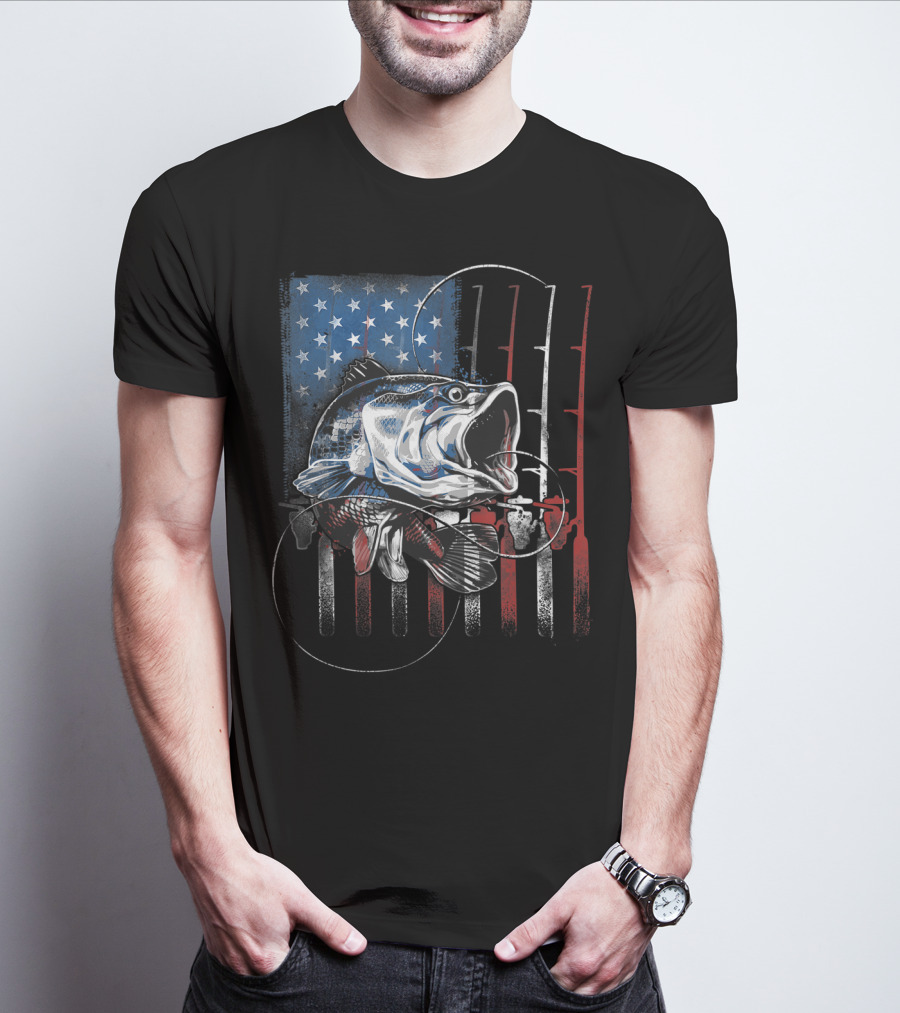 Vintage American Flag Bass Fishing USA Fisherman T-Shirt