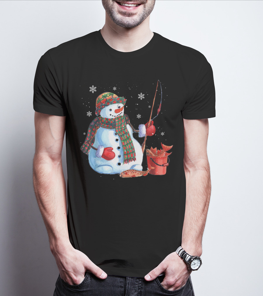 Merry Christmas Fishing Snowman With Fish And Snowflakes For Fishing Lovers T-Shirt