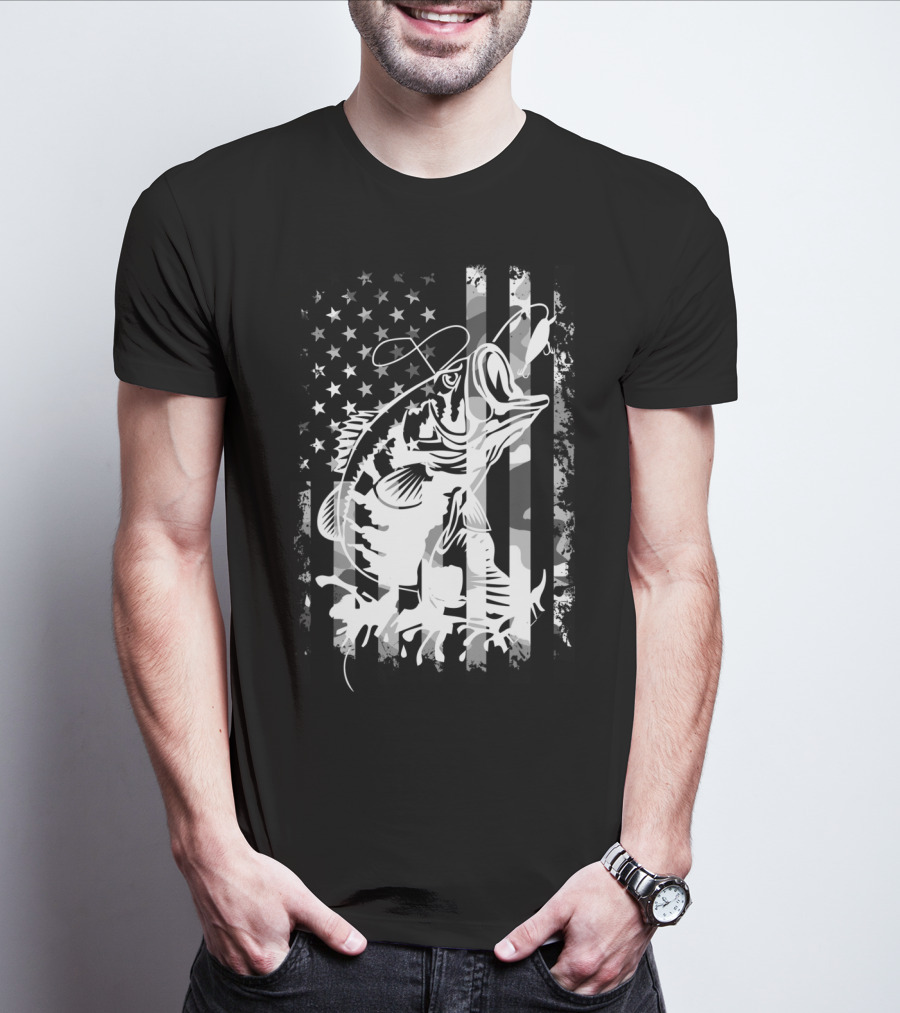 USA Flag Camouflage Bass Fishing T-Shirt