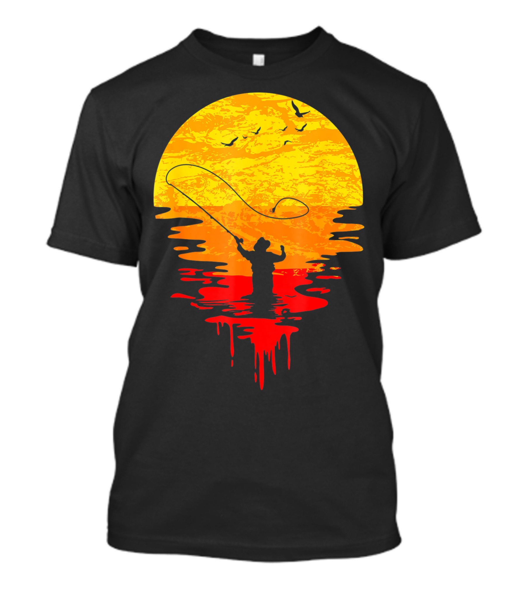 Fly Fishing At Sunset Vintage Style Silhouette With Birds T-Shirt