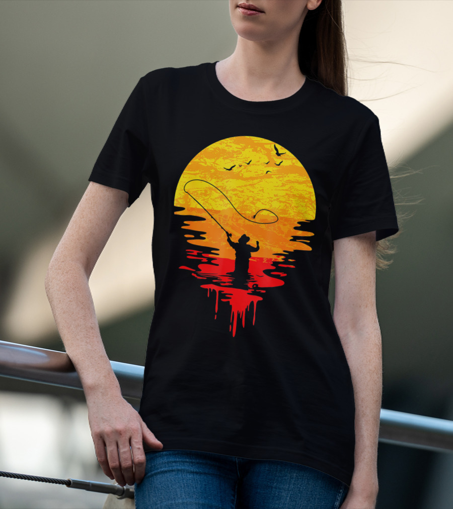 Fly Fishing At Sunset Vintage Style Silhouette With Birds T-Shirt