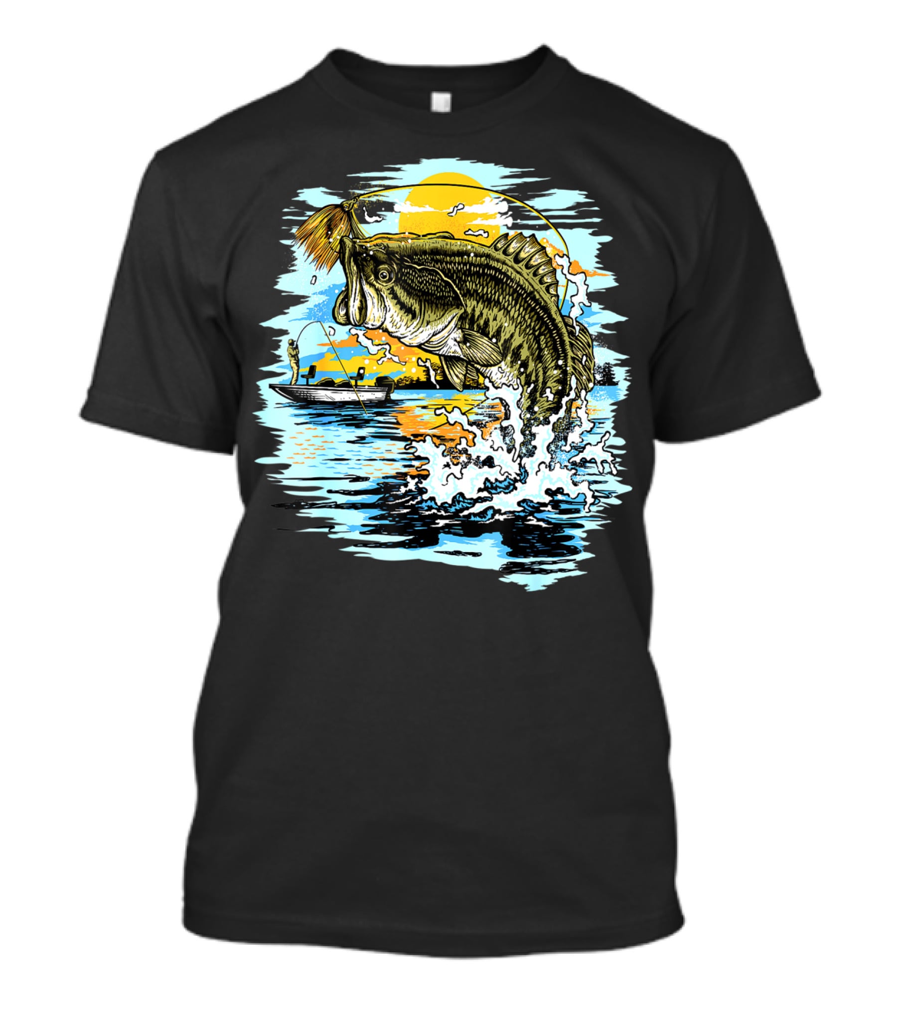 Large Mouth Bass Catching Fly Fishing Adventure In Scenic Lake Sunrise T-Shirt