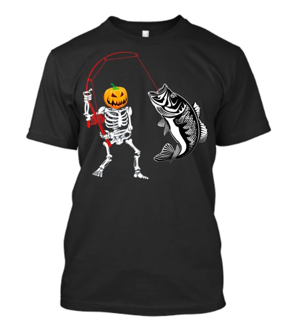 Halloween Pumpkin Skeleton Fishing With Bass Catch T-Shirt