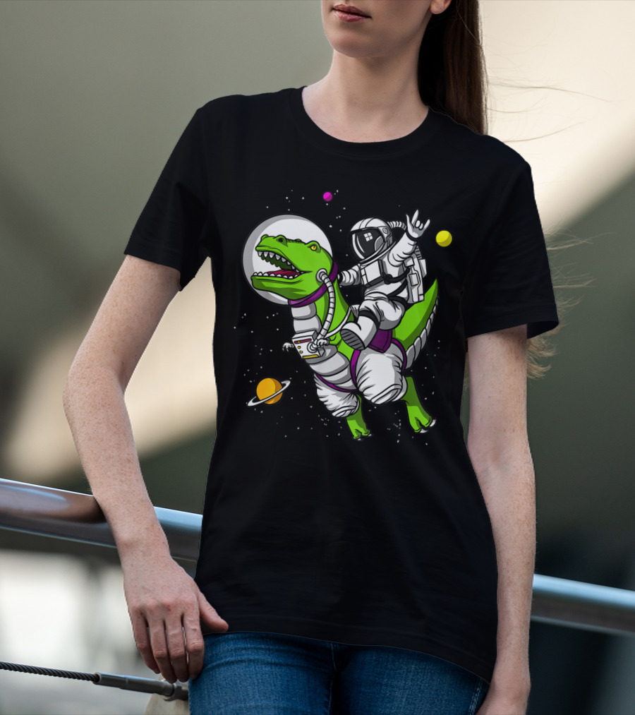 Astronaut Riding TRex Dinosaur In Outer Space With Planets T-Shirt