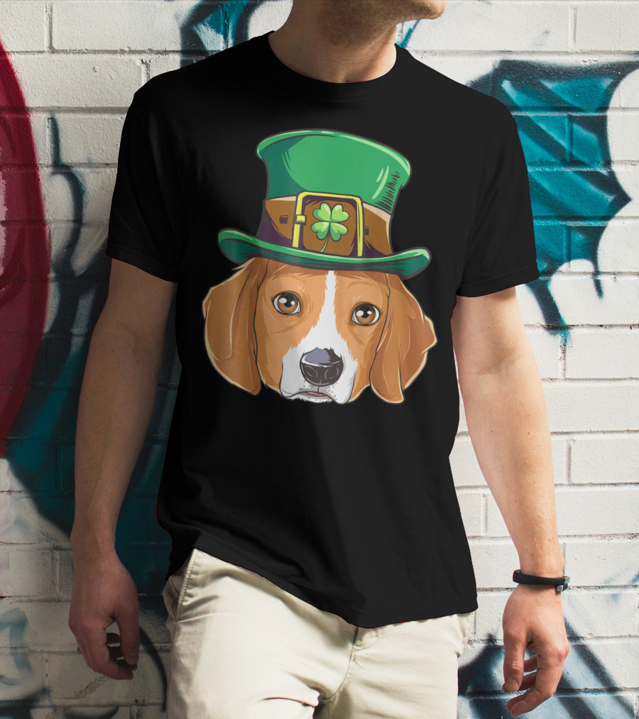 Beagle Wearing Leprechaun Hat With Shamrock T-Shirt