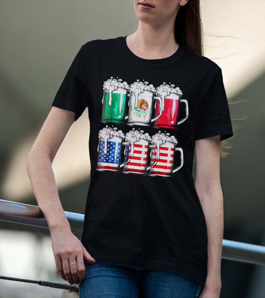 Beer Mugs Mexican American Flags Cinco De Mayo T-Shirt
