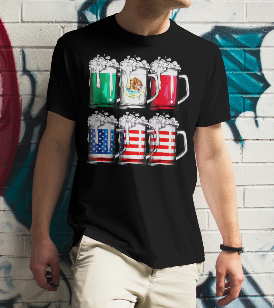 Beer Mugs Mexican American Flags Cinco De Mayo T-Shirt