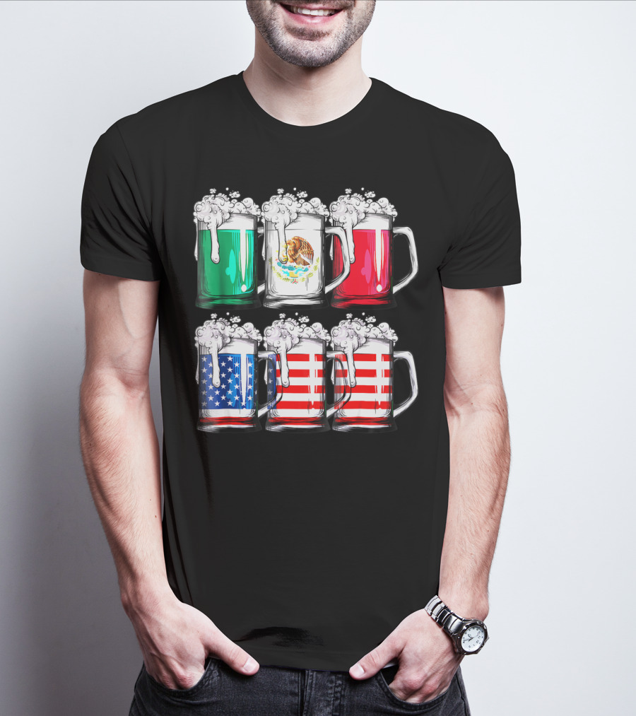 Beer Mugs Mexican American Flags Cinco De Mayo T-Shirt