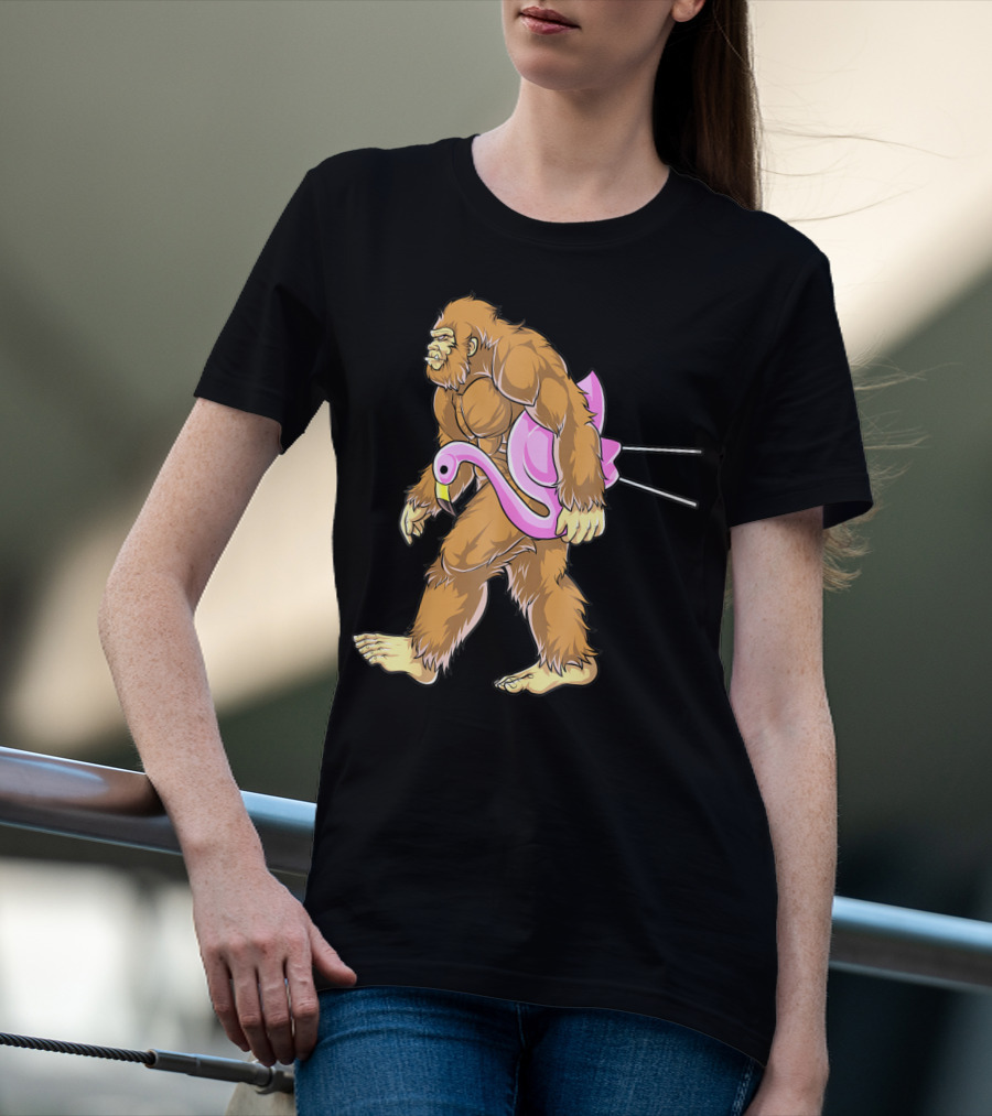 Bigfoot Carrying Pink Lawn Flamingo Humorous Sasquatch Image T-Shirt