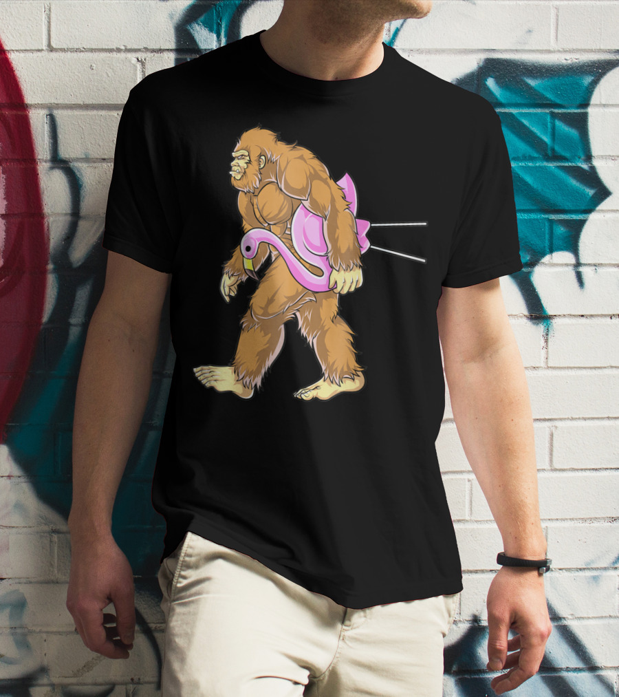 Bigfoot Carrying Pink Lawn Flamingo Humorous Sasquatch Image T-Shirt