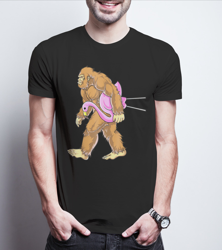 Bigfoot Carrying Pink Lawn Flamingo Humorous Sasquatch Image T-Shirt