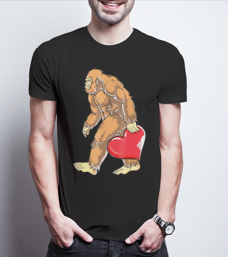 Valentine's Day Bigfoot Holding Heart Sasquatch Love For Men T-Shirt
