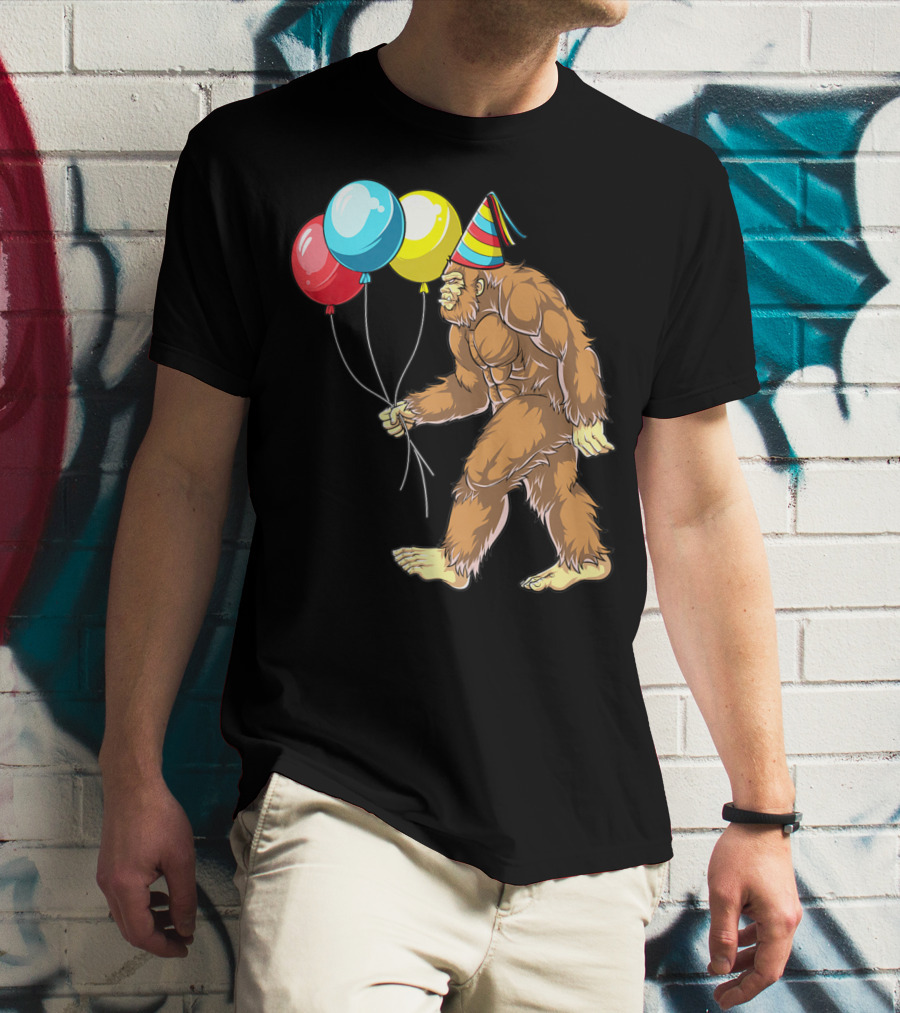 Bigfoot It's My Birthday Kids Boys Sasquatch Party With Balloons And Party Hat T-Shirt