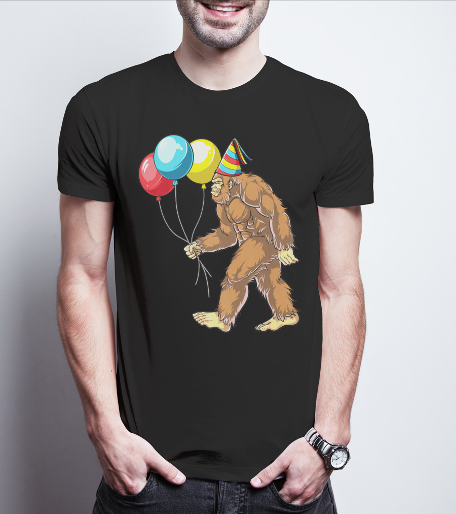 Bigfoot It's My Birthday Kids Boys Sasquatch Party With Balloons And Party Hat T-Shirt