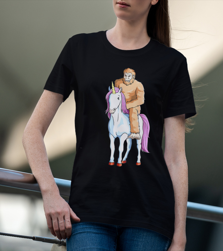 Bigfoot Sasquatch Riding Unicorn Mythical Creature Adventure T-Shirt