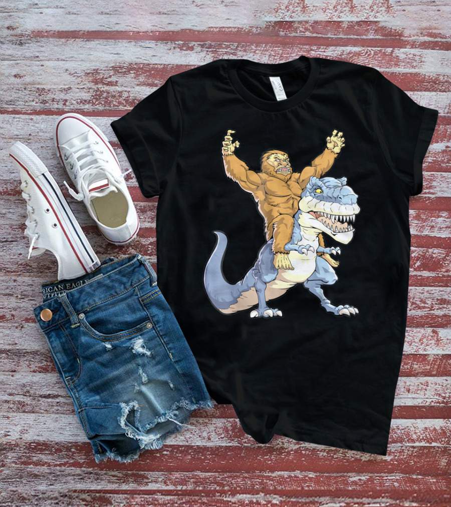 Bigfoot Sasquatch Riding Dinosaur Adventure T-Shirt