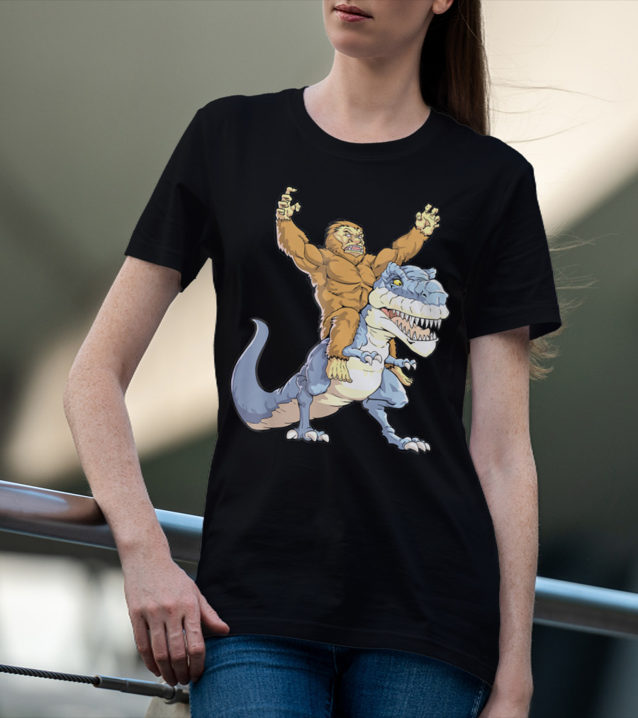 Bigfoot Sasquatch Riding Dinosaur Adventure T-Shirt
