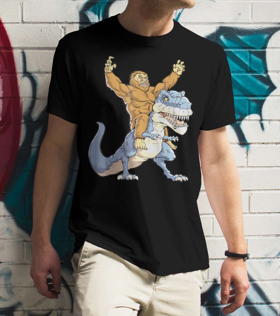 Bigfoot Sasquatch Riding Dinosaur Adventure T-Shirt