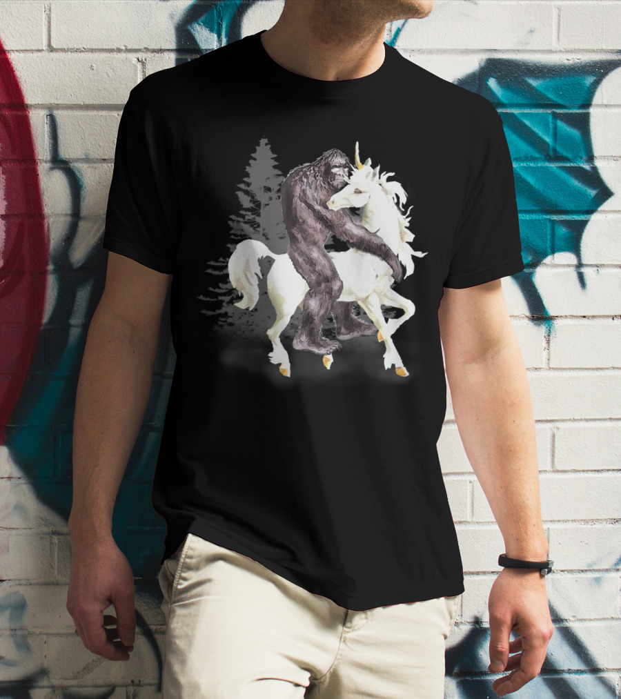 Bigfoot Sasquatch On A Unicorn In Mystical Forest Scene T-Shirt