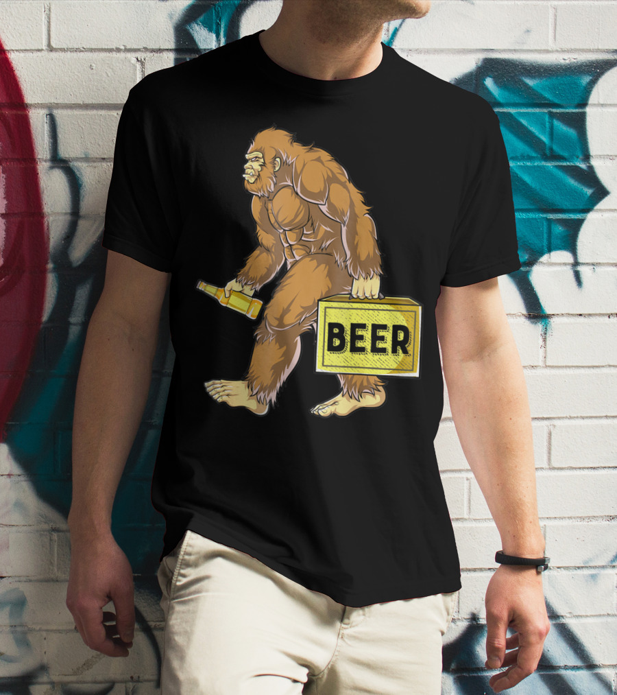 Bigfoot With Beer Funny Sasquatch Drinking Party Carrying Beer Box T-Shirt