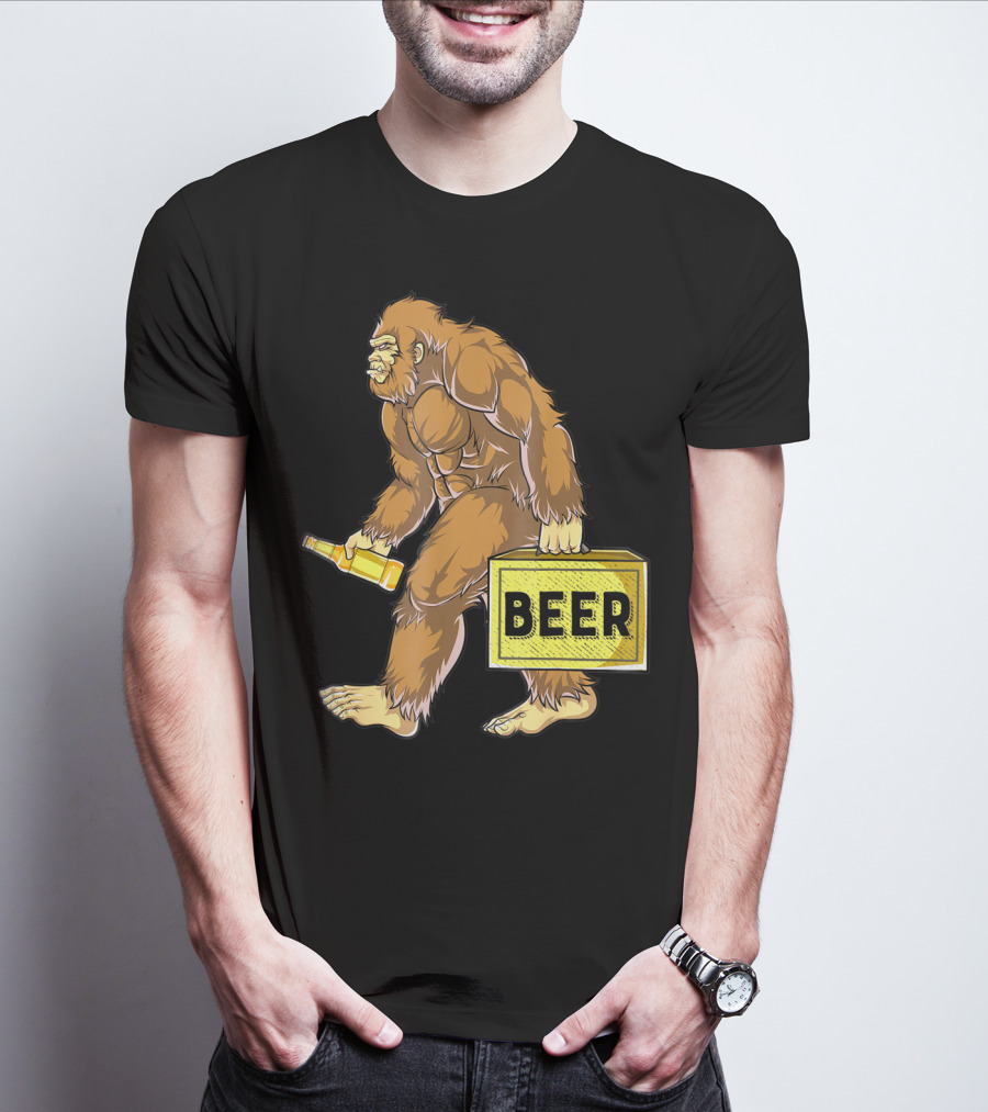 Bigfoot With Beer Funny Sasquatch Drinking Party Carrying Beer Box T-Shirt