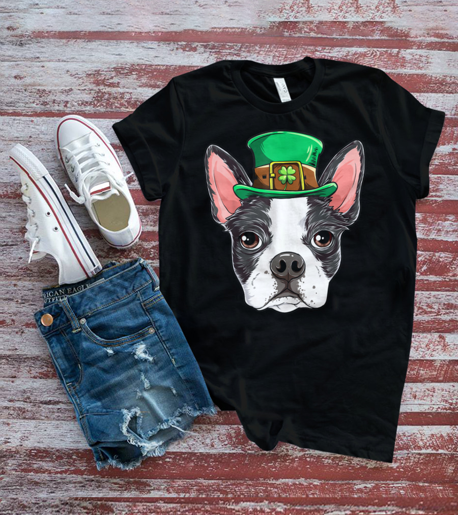 Boston Terrier St Patricks Day Leprechaun Dog With Green Hat T-Shirt