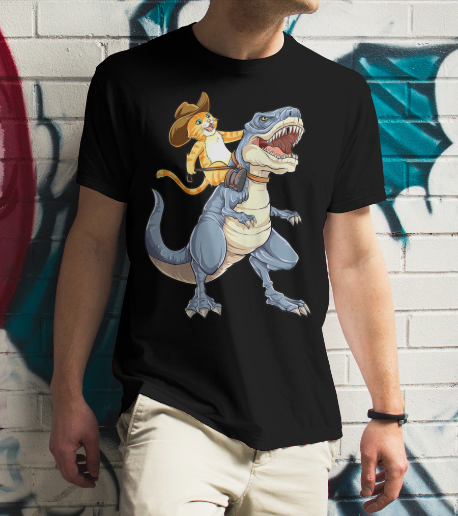 Cat In Cowboy Hat Riding Dinosaur Rex Purrassic Kitty Dino T-Shirt