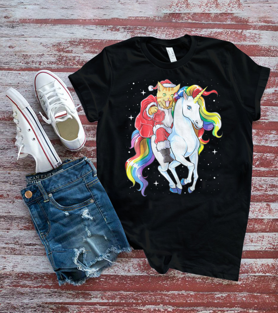 Meowy Cat Santa Riding Rainbow Unicorn Christmas Girls Women T-Shirt