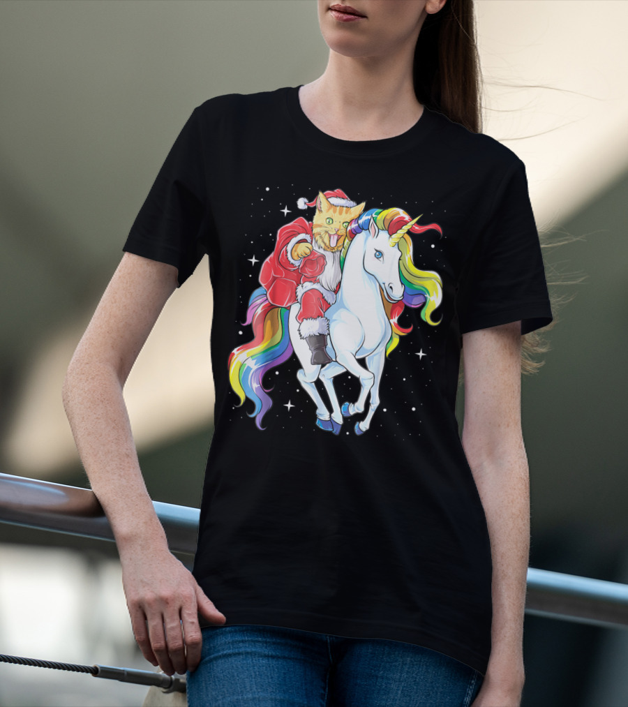 Meowy Cat Santa Riding Rainbow Unicorn Christmas Girls Women T-Shirt