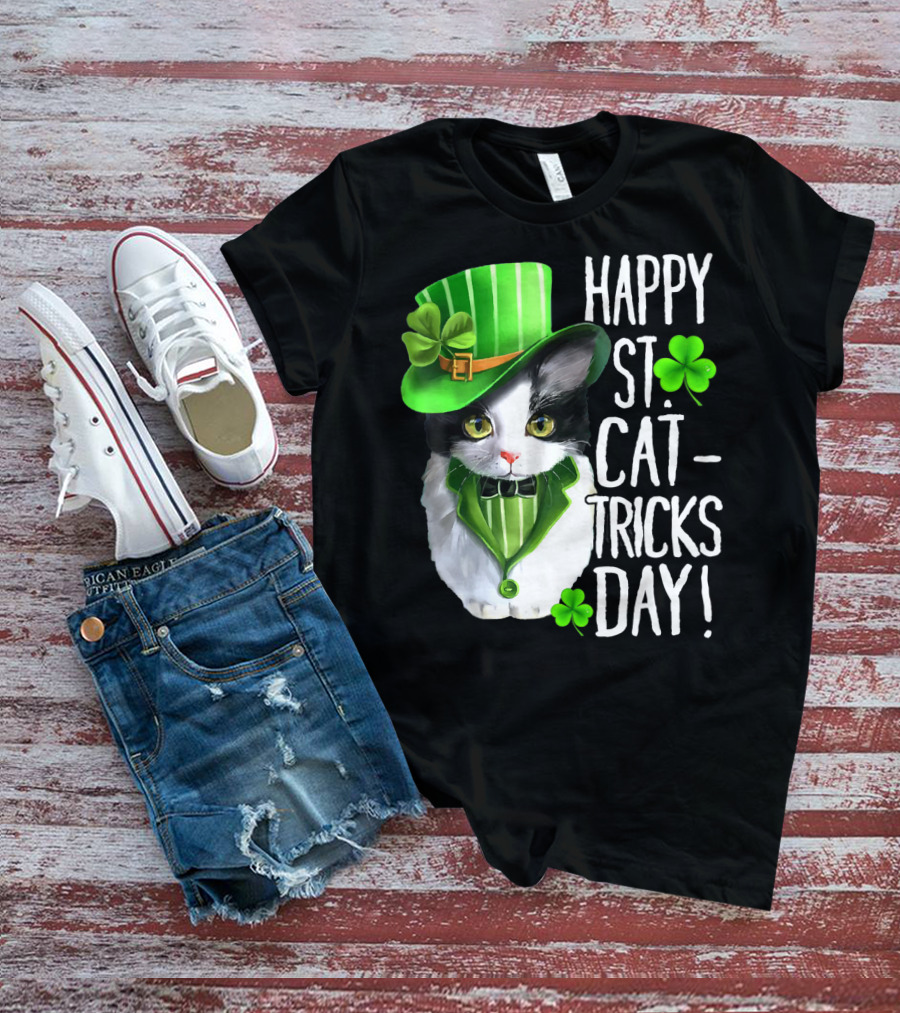 Happy St. Cat-Tricks Day Leprechaun Cat Shamrock T-Shirt