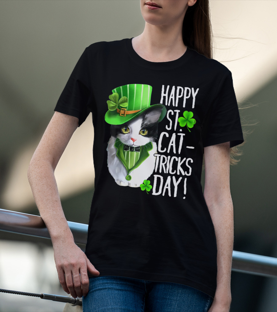 Happy St. Cat-Tricks Day Leprechaun Cat Shamrock T-Shirt