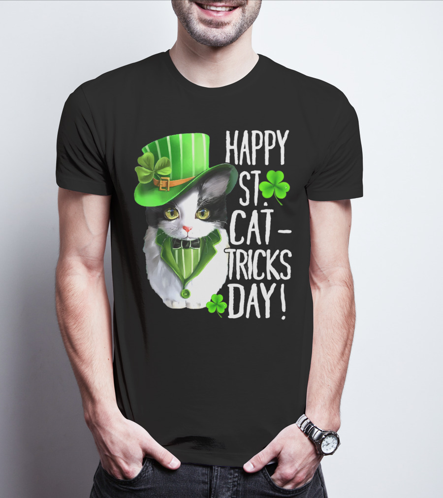 Happy St. Cat-Tricks Day Leprechaun Cat Shamrock T-Shirt
