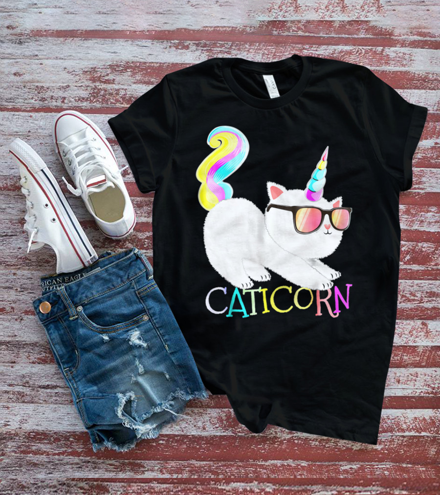 Caticorn Rainbow Unicorn Cat Girls Sunglasses Colorful Mane T-Shirt