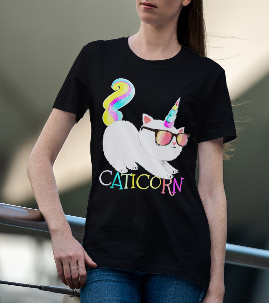 Caticorn Rainbow Unicorn Cat Girls Sunglasses Colorful Mane T-Shirt