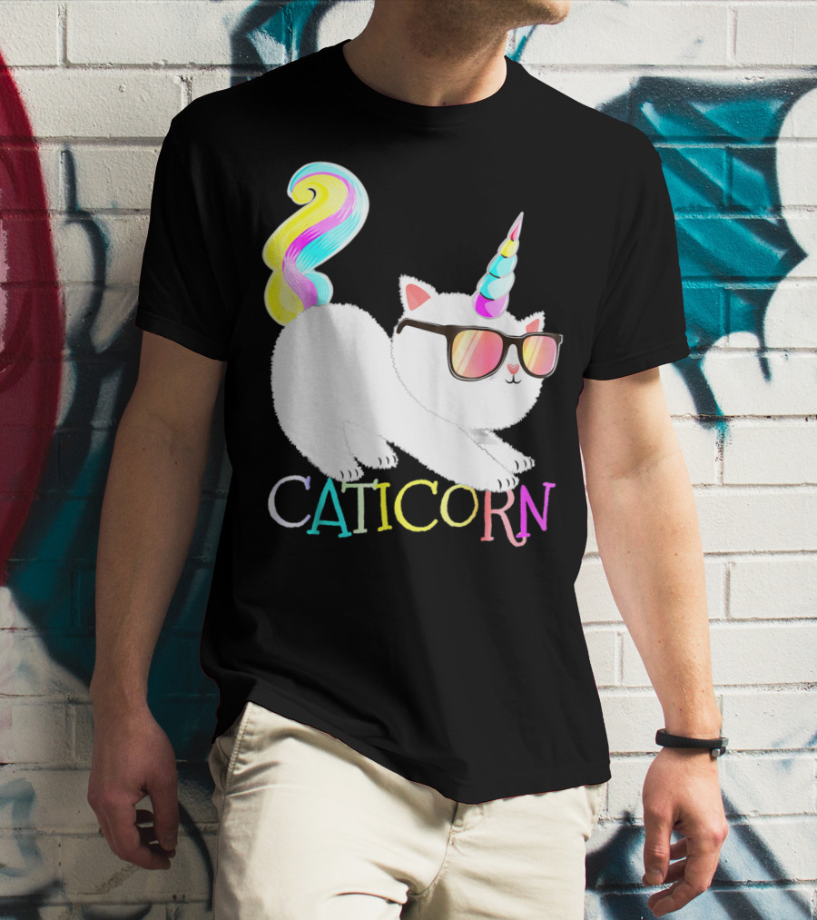Caticorn Rainbow Unicorn Cat Girls Sunglasses Colorful Mane T-Shirt