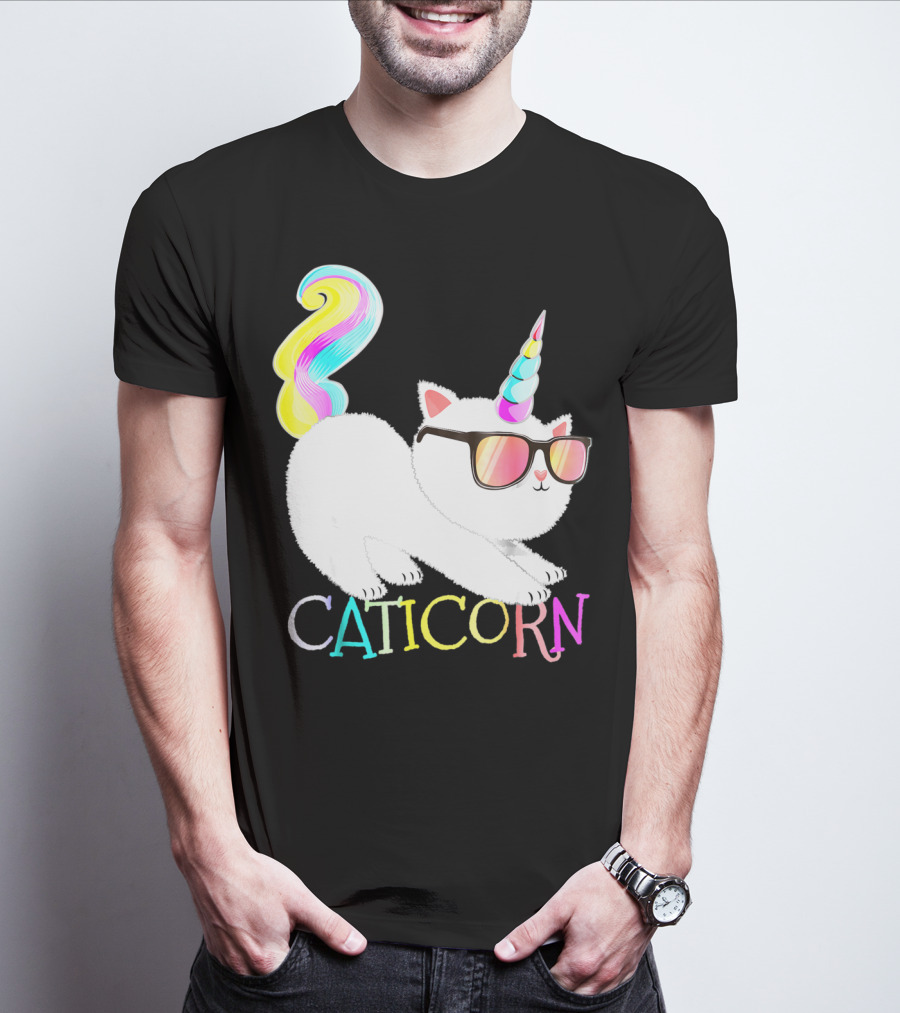 Caticorn Rainbow Unicorn Cat Girls Sunglasses Colorful Mane T-Shirt