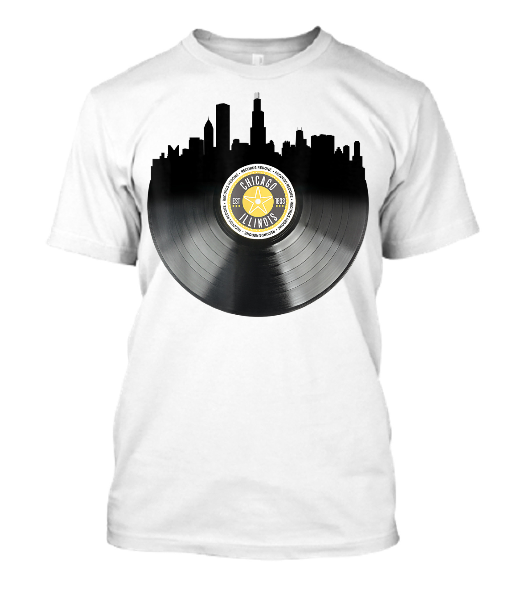 Chicago Illinois Vinyl Record Skyline EST 1833 T-Shirt
