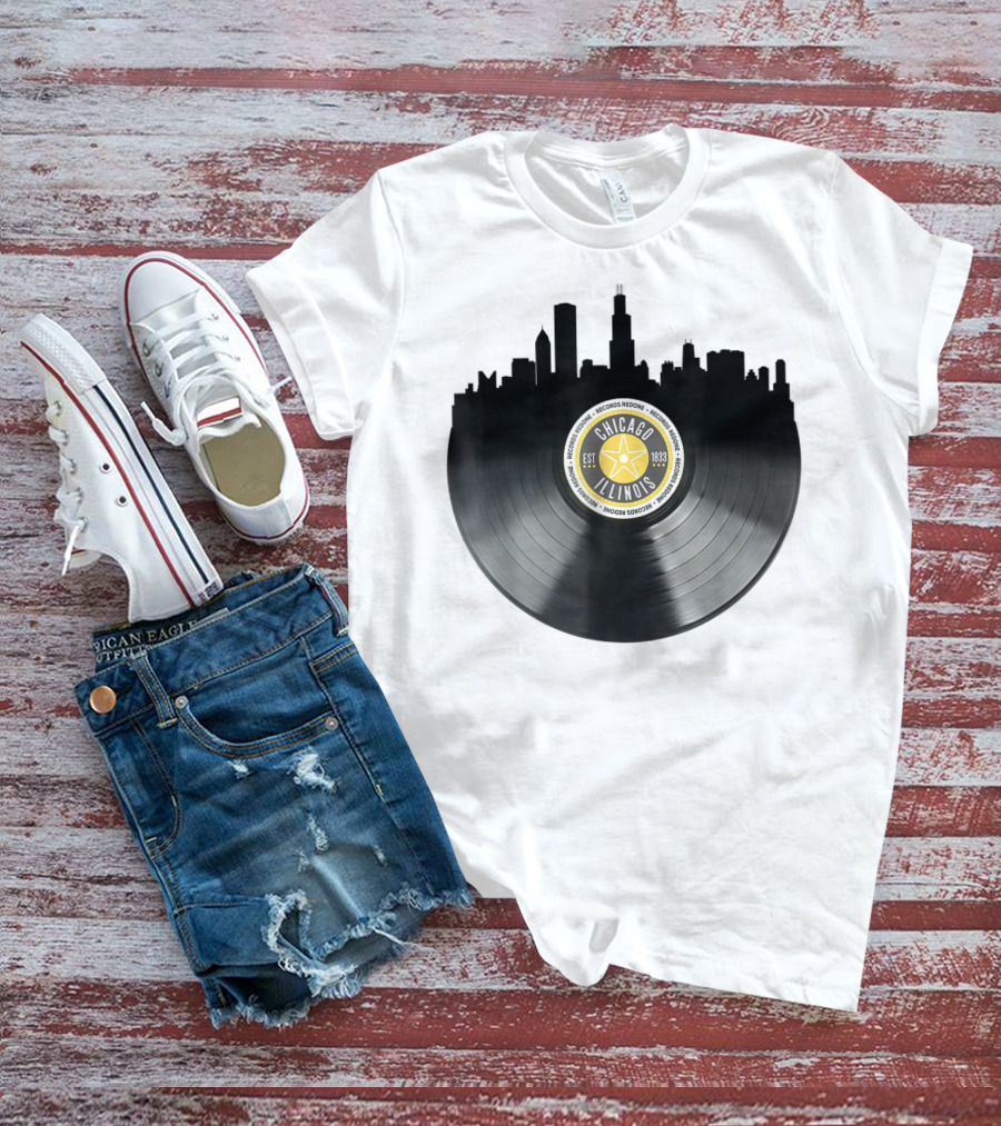 Chicago Illinois Vinyl Record Skyline EST 1833 T-Shirt