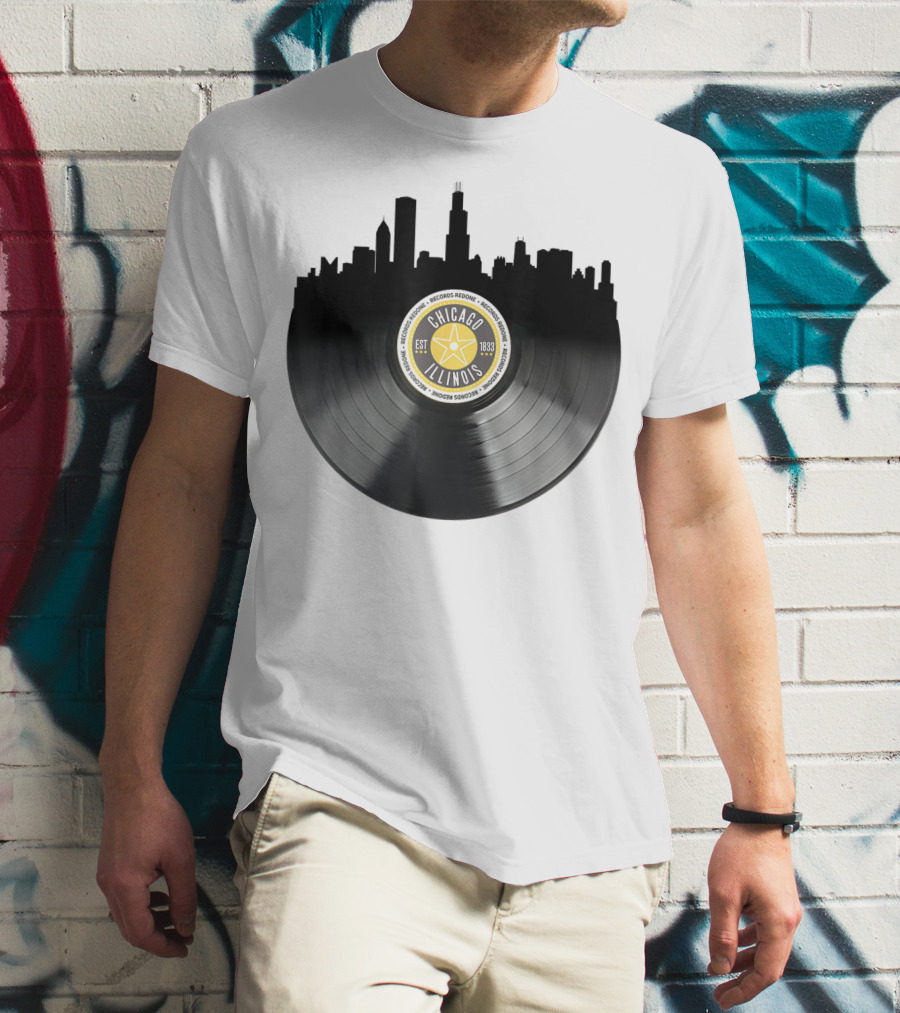 Chicago Illinois Vinyl Record Skyline EST 1833 T-Shirt