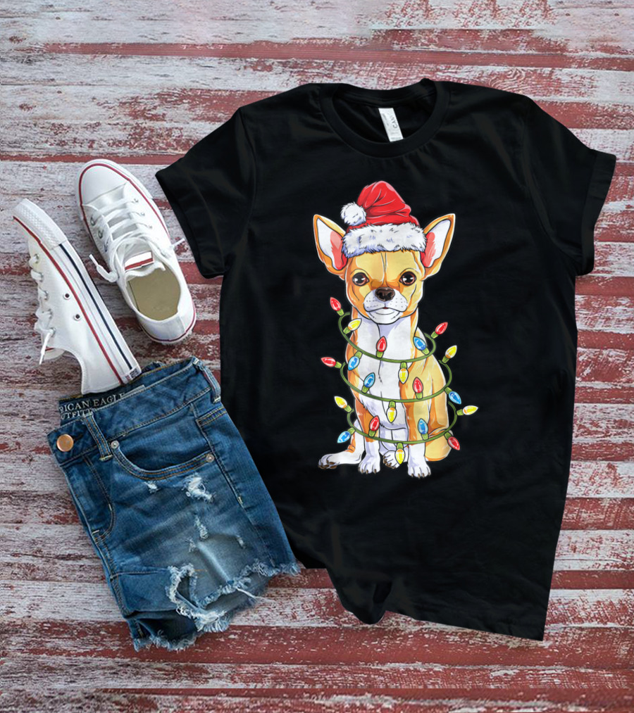 Chihuahua Christmas Santa Hat Holiday Lights Dog T-Shirt