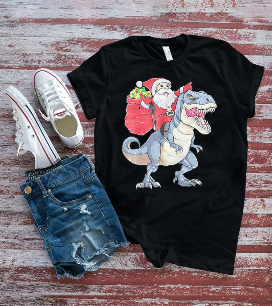 Christmas Santa Riding Dinosaur Rex With Presents T-Shirt