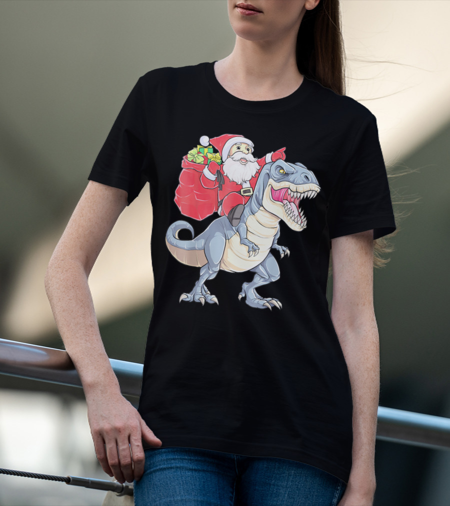 Christmas Santa Riding Dinosaur Rex With Presents T-Shirt