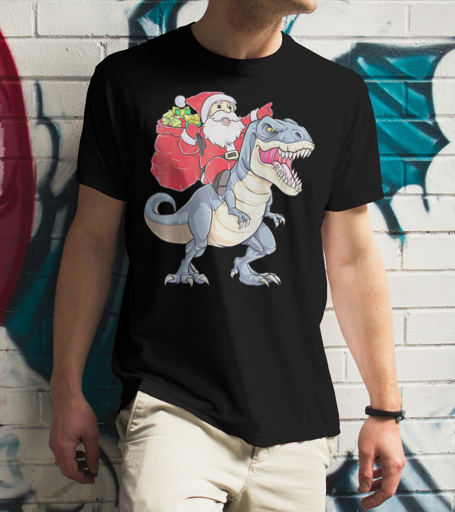 Christmas Santa Riding Dinosaur Rex With Presents T-Shirt