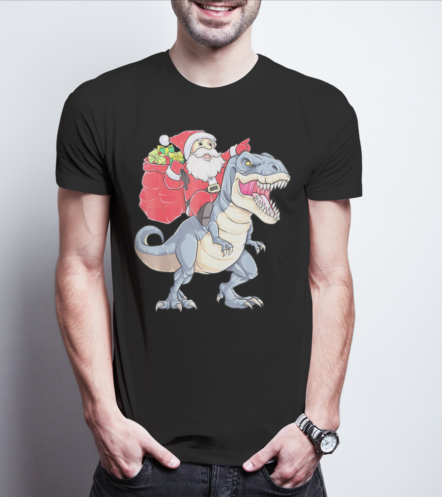 Christmas Santa Riding Dinosaur Rex With Presents T-Shirt