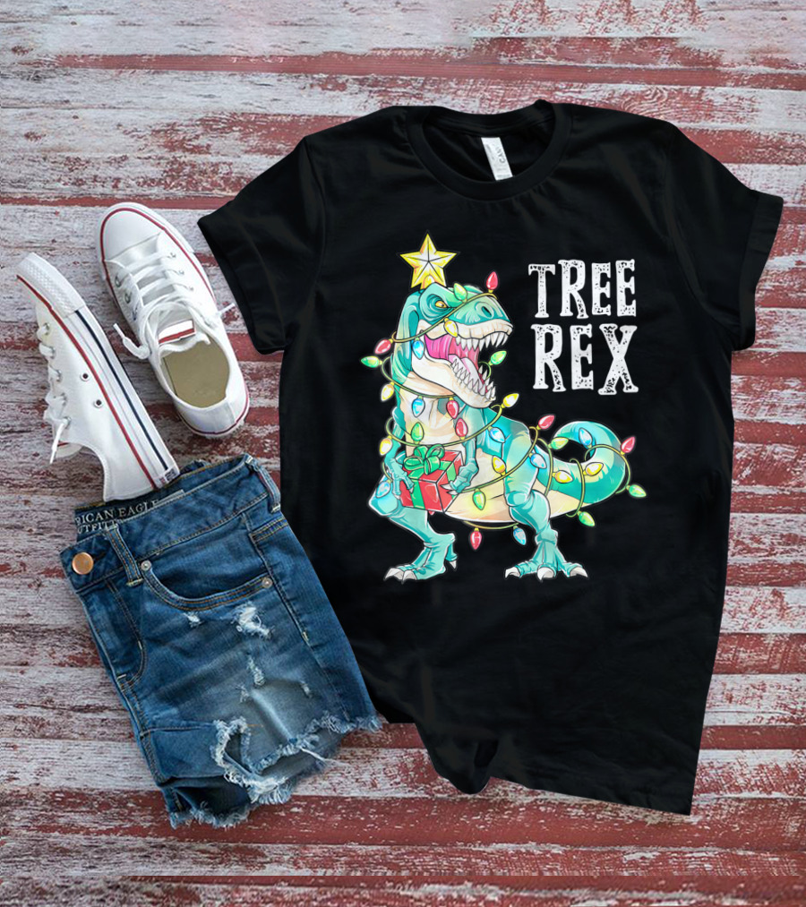 Tree Rex Christmas Kids Dinosaur Lights T-Shirt