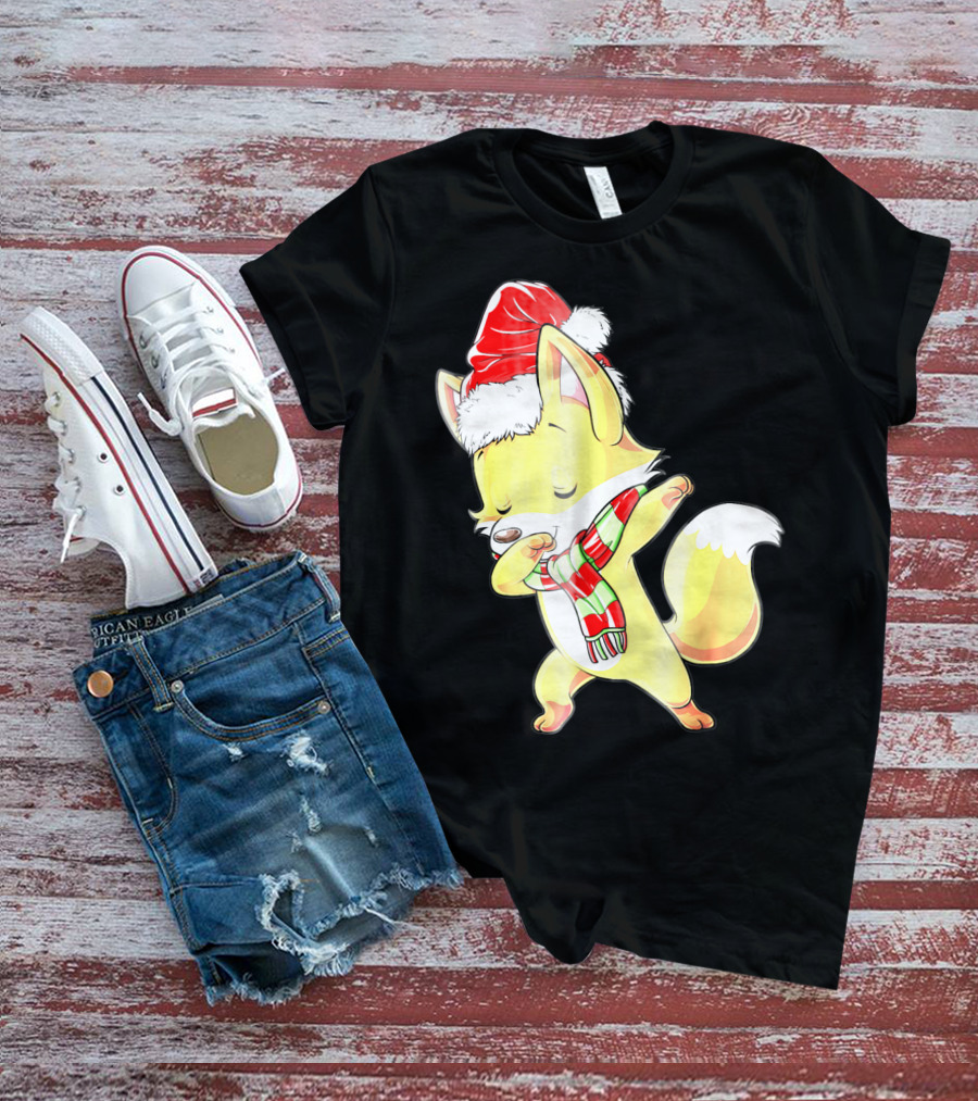 Christmas Fox Dabbing In Santa Hat And Scarf T-Shirt