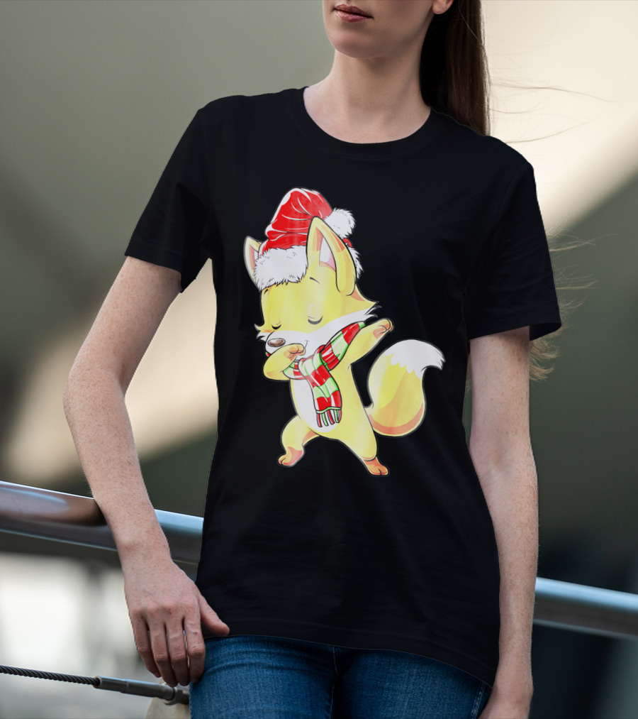 Christmas Fox Dabbing In Santa Hat And Scarf T-Shirt