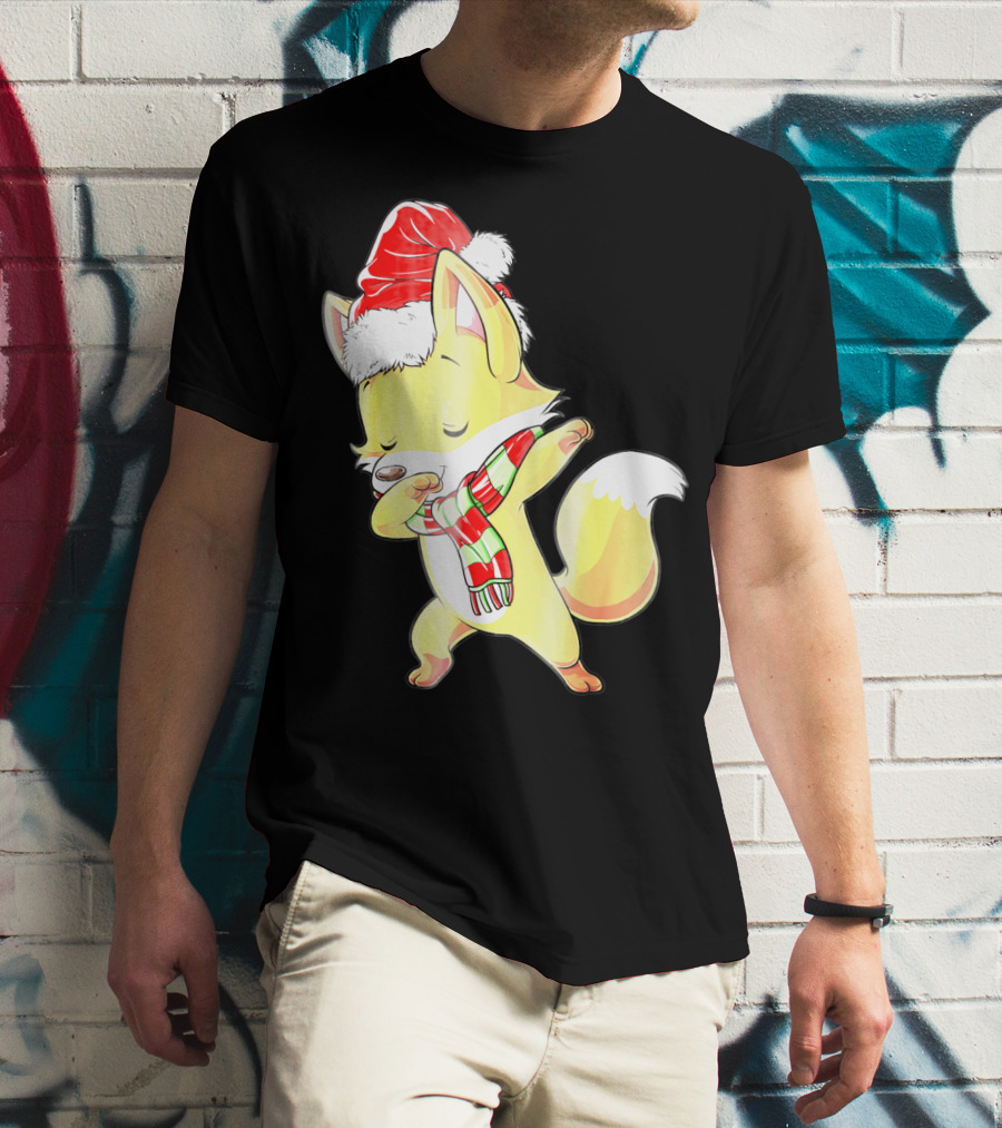 Christmas Fox Dabbing In Santa Hat And Scarf T-Shirt